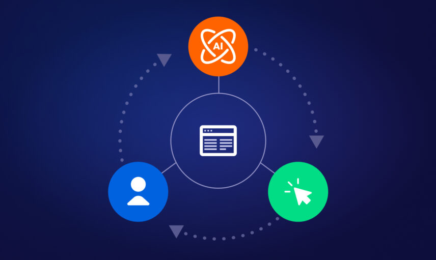 Diagram showing interconnected symbols for AI, a person, and a cursor with a web page in the center on a dark background.