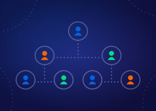 Hierarchical network of multicolored user icons on a dark blue background