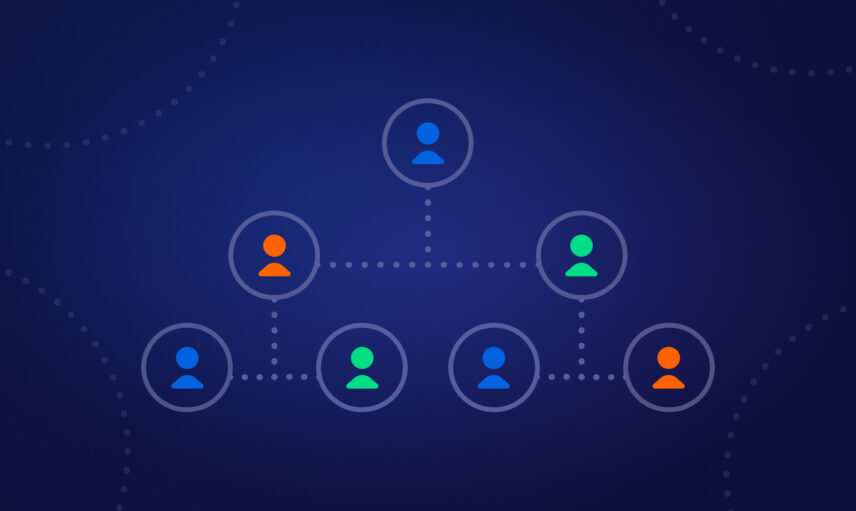 Hierarchical network of multicolored user icons on a dark blue background