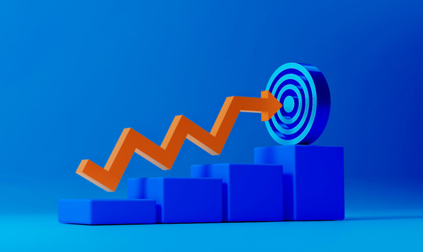 Orange arrow pointing upward towards a target on blue blocks, symbolizing growth and success in a 3D illustration.