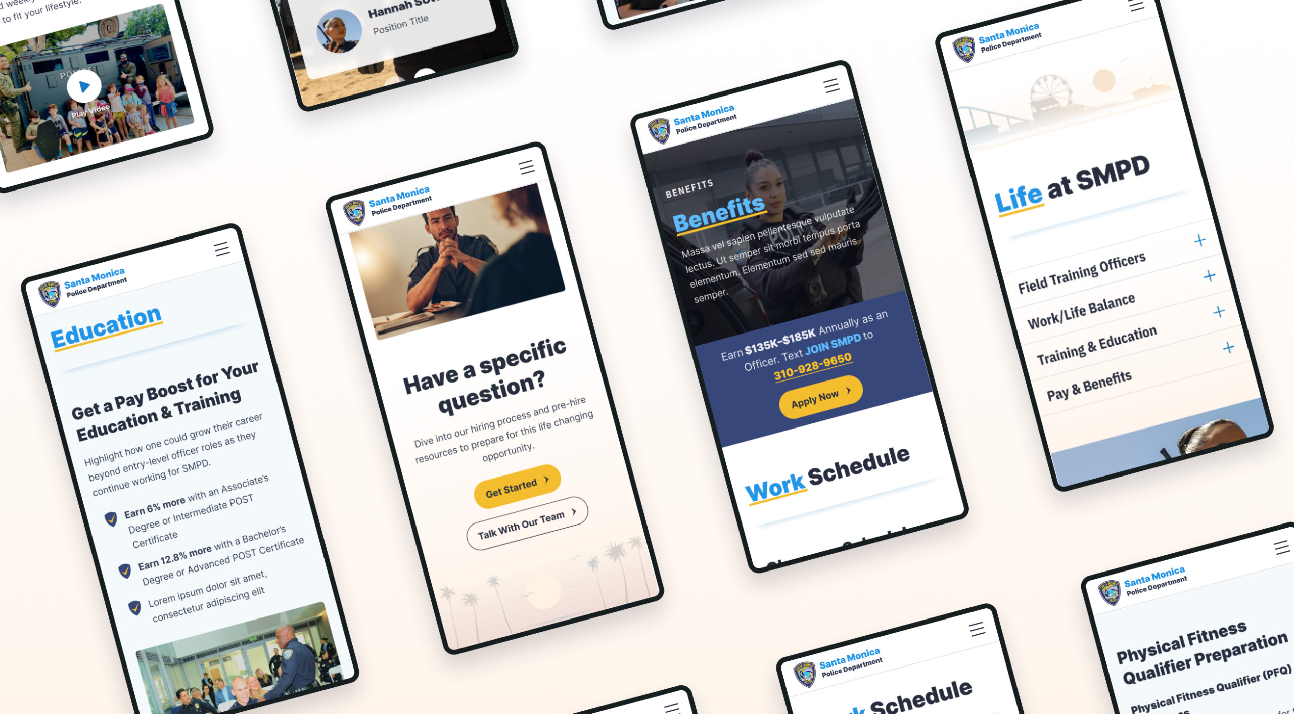 Mobile-friendly web page designs showcasing education, benefits, work schedule, and training opportunities for a police department.