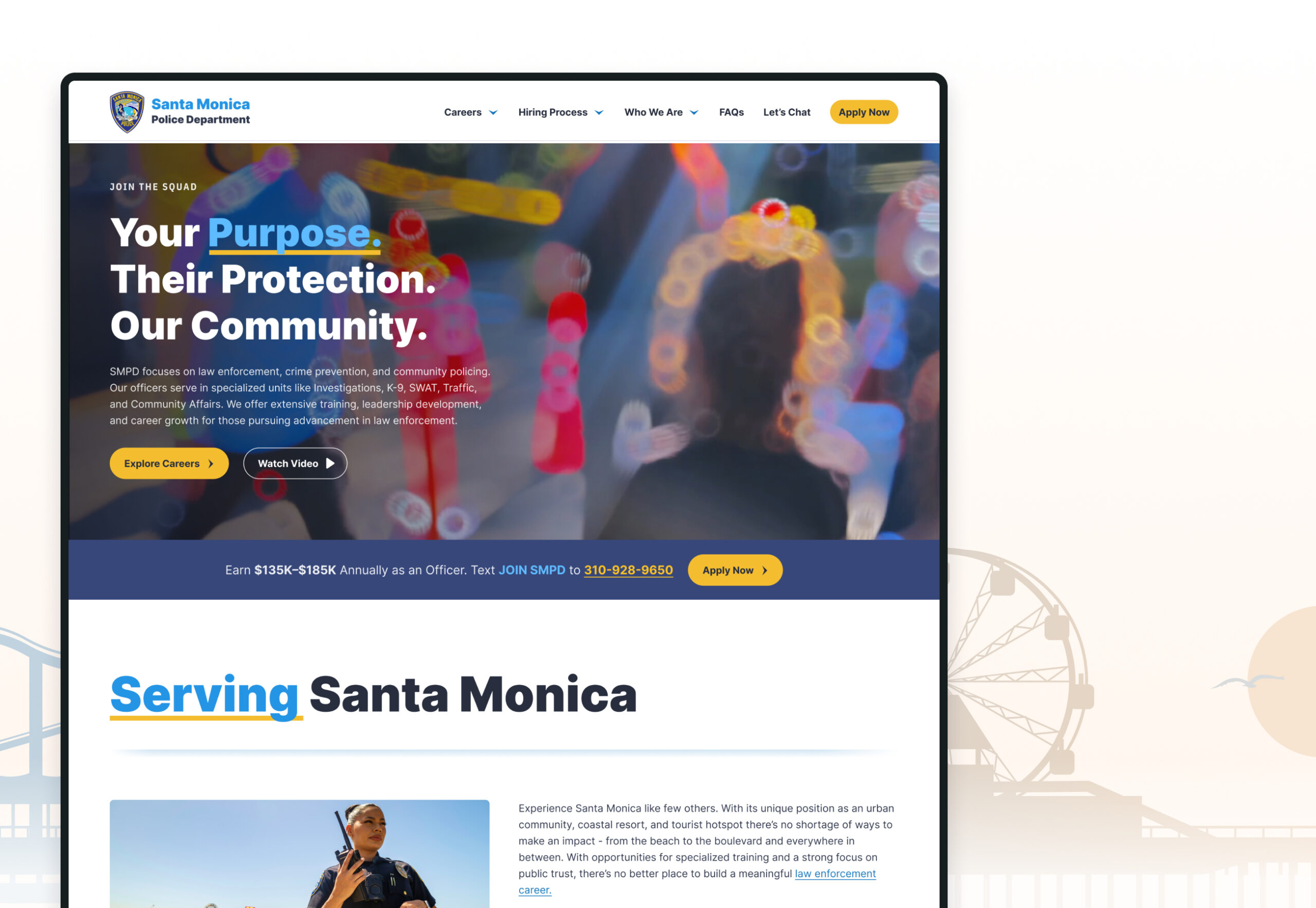 Website of the Santa Monica Police Department highlighting career opportunities and community involvement.