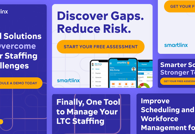 Collage of Smartlinx promotional banners highlighting solutions for staffing challenges and offering a free assessment.