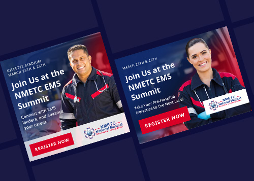EMS Summit promotional banner featuring two paramedics inviting registration for the NMETC event at Gillette Stadium.
