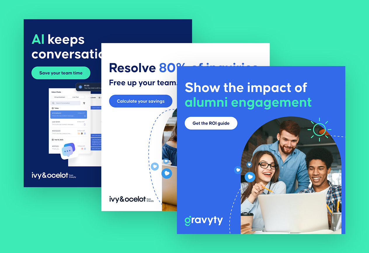 Three digital posters promoting AI, alumni engagement, and team efficiency with colorful graphics and text on a teal background.