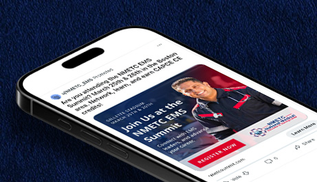 Smartphone displaying a post about the NMETC EMS Summit featuring a speaker, registration details, and event date.