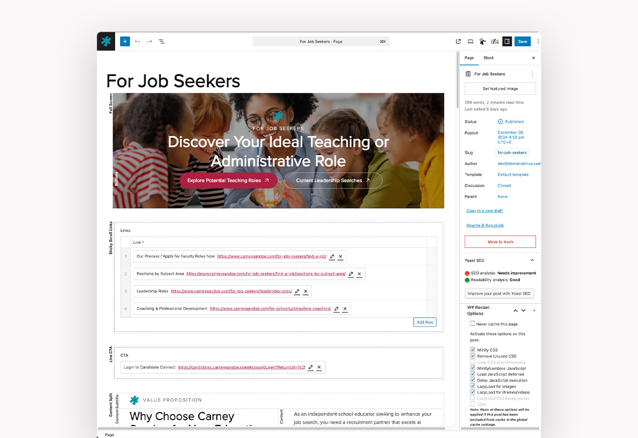 Screenshot of a webpage featuring a header image of diverse educators with children, job listings, and editing options on the side.