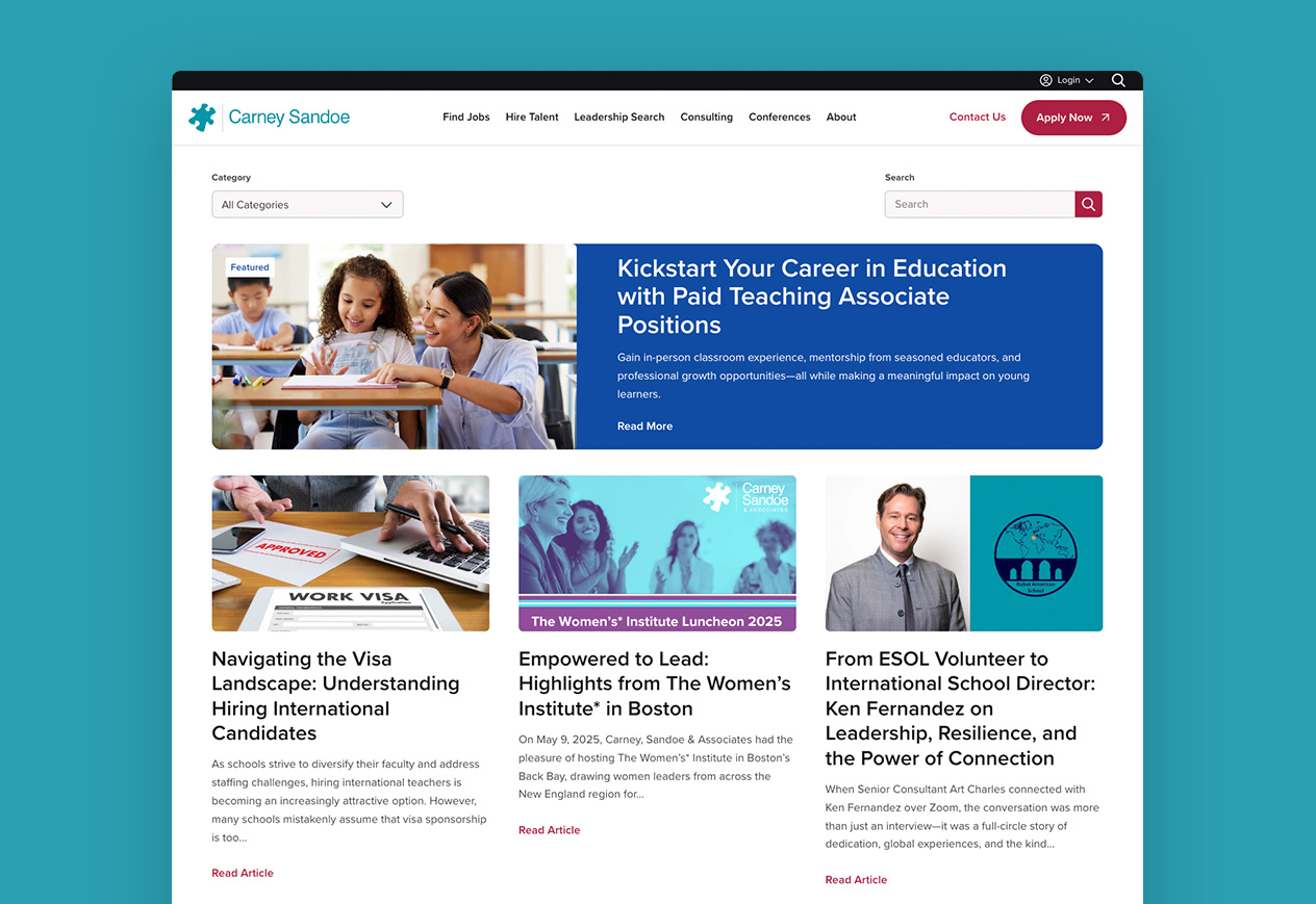 Website homepage featuring educational career opportunities and resources for teachers and school leaders.