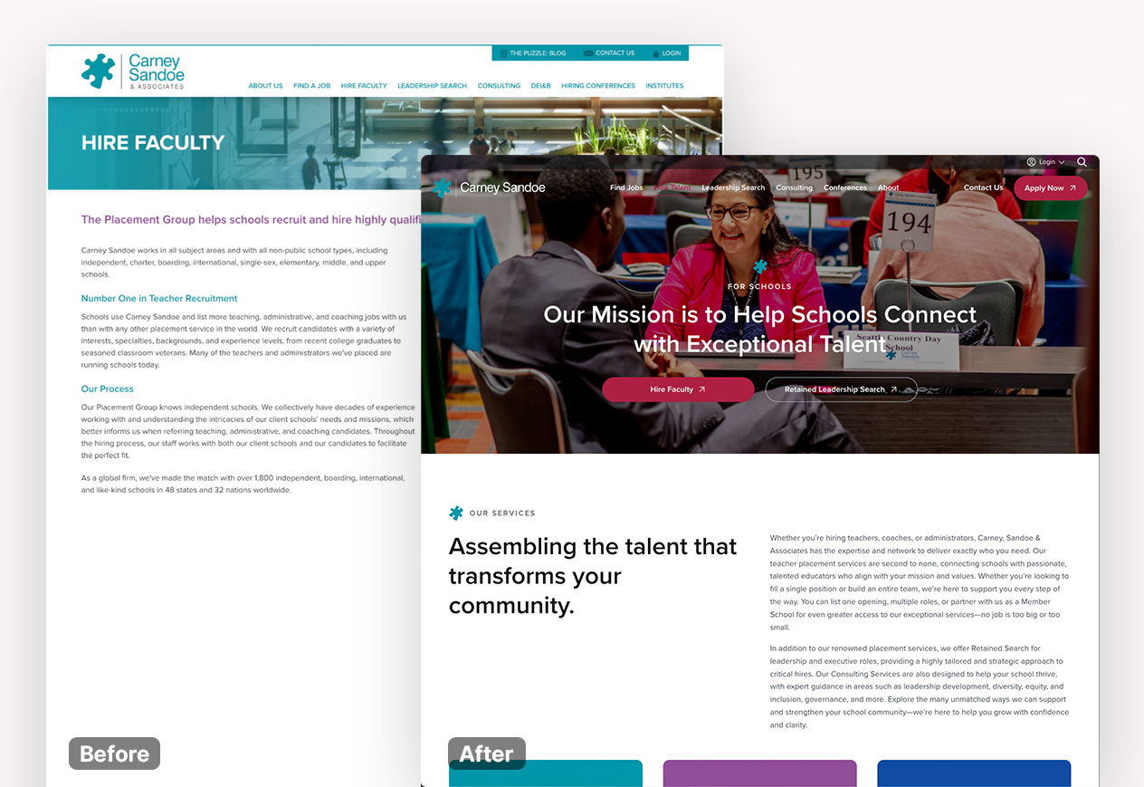 Before and after images of a school recruitment website redesign showcasing updated content and visual enhancements.
