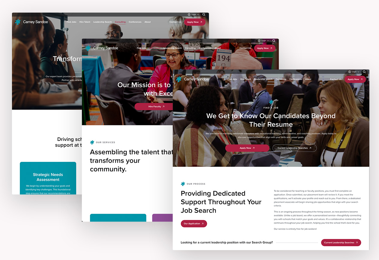 Three web page layouts displaying diverse professionals collaborating and discussing various aspects of business strategy.
