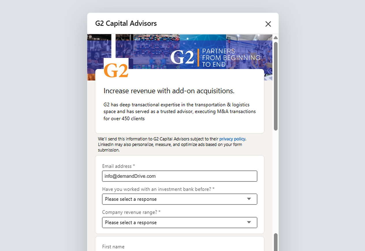G2 Capital Advisors form for client information submission related to transportation and logistics acquisition services.