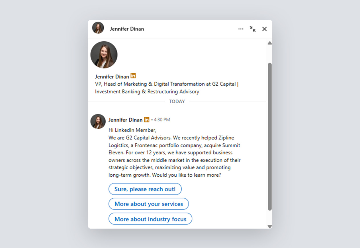 LinkedIn messaging interface displaying a professional's conversation and profile photo with options to respond or learn more.
