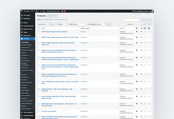 WordPress dashboard showing a list of products, with options to edit, view, and sort by categories.