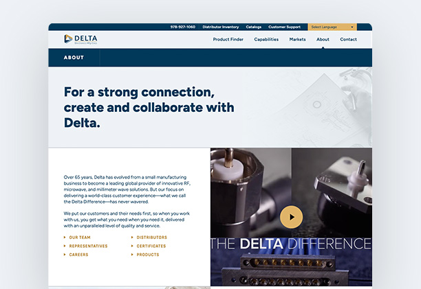 Delta's website homepage featuring company information and navigation menu.
