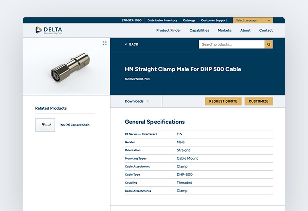 Product page for HN Straight Clamp Male for DHP 500 Cable, showing specifications and request option.