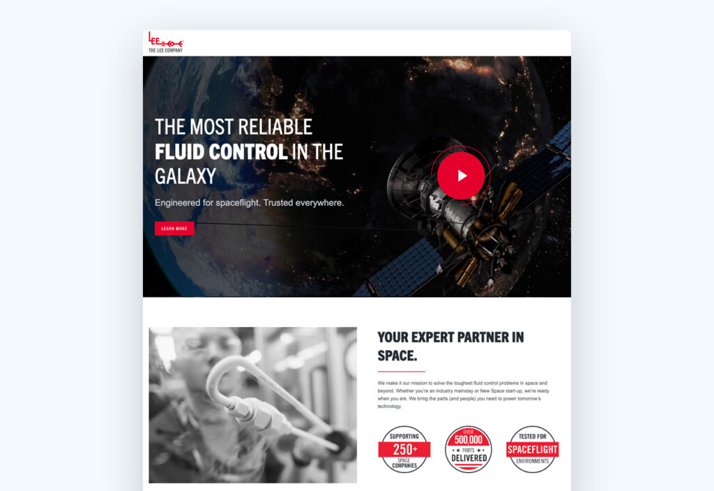 Satellite in space with text "The most reliable fluid control in the galaxy" and logo of aerospace company.