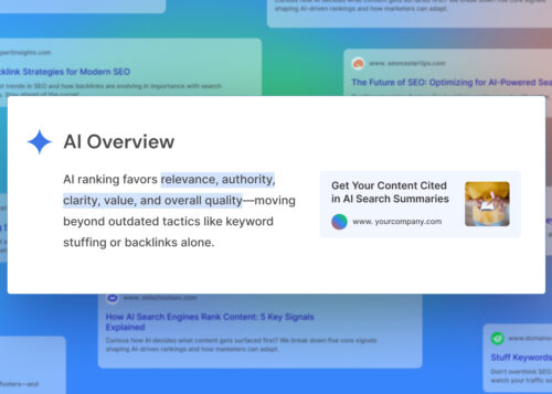 AI Overview section highlighting factors like relevance and authority for AI ranking, emphasizing quality over keyword stuffing
