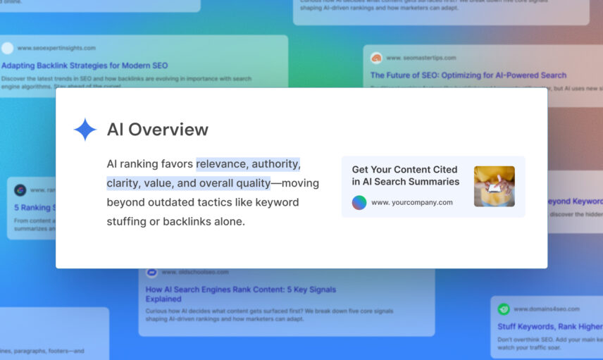 AI Overview section highlighting factors like relevance and authority for AI ranking, emphasizing quality over keyword stuffing
