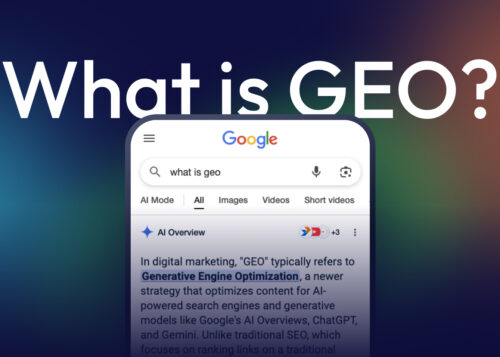 Google search on "What is GEO?" with text about Generative Engine Optimization on screen.